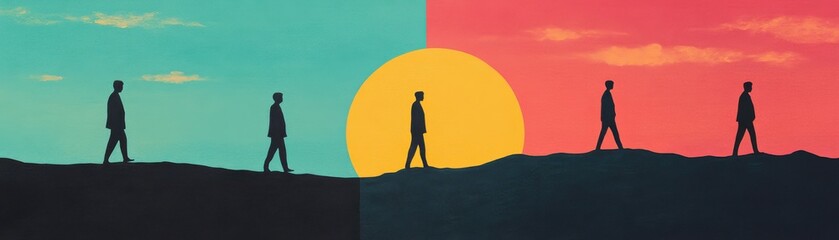 Silhouettes of people walking toward a vibrant sunset.