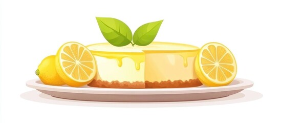 Lemon souffle cheesecake on a tray with fresh lemons and mint leaves ideal for food advertising and culinary promotions