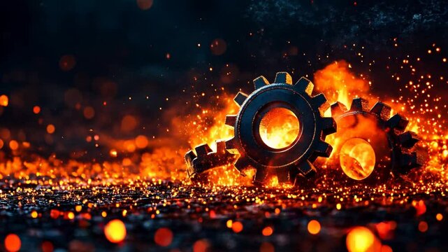 Dynamic gears and cogs surrounded by flames and glowing embers create powerful industrial scene, evoking energy and motion against intense fiery background.