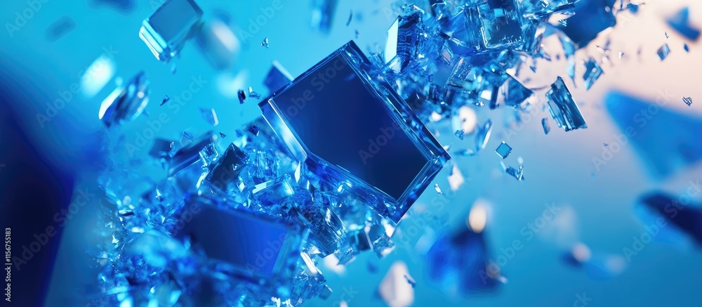 Poster Dynamic Abstract Blue Electronics Composition with Floating Geometric Shapes and Space for Custom Text or Branding