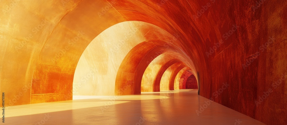 Poster golden red hued endless tunnel with soft blur and ample empty space for text in a serene and abstrac