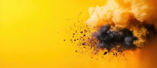 Explosion effect on vibrant yellow backdrop featuring dynamic smoke and dust particles with ample space for text insertion