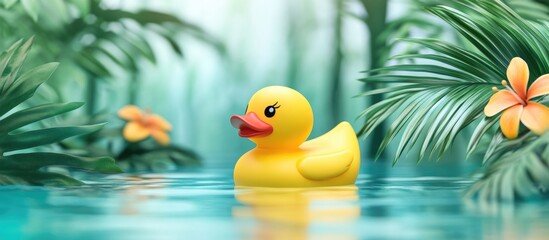 Tropical Pool Scene Featuring Yellow Rubber Duck and Lush Greenery Ideal for Summer Sale Promotions and Seasonal Advertisements