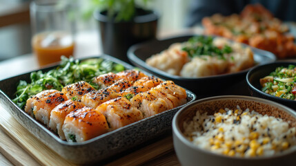delicious sushi platter with fresh ingredients and vibrant side dishes on wooden table