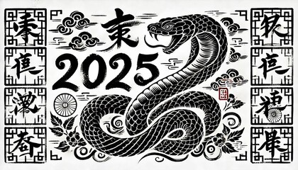 Fototapeta premium Chinese Zodiac Snake Sign - Year of the Snake - Cycle of Animals and Chinese Calendar - Asian Zodiac and Astrology - New Year Animal - Water, Earth, Wood, Metal and Fire - Ink Painting
