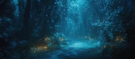 Obraz premium Magical Fairy Tale Forest with Glowing Pathway and Ample Copy Space for Text