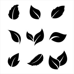 Fototapeta premium Set of silhouette leaf icons. Elements design for natural, eco, bio, vegan labels. Leaf icons set ecology nature element, silhouette leaf, environment and nature eco sign. Vector illustration.