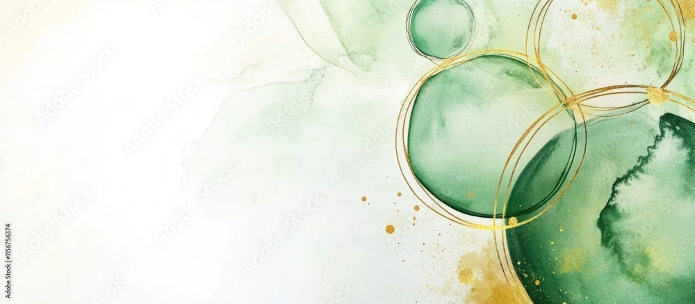 Poster watercolor green and gold abstract circles with textured backdrop and ample copy space for customiza