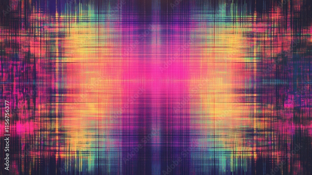 Poster vivid digital glitch background with colorful abstract patterns and space for text in a futuristic c