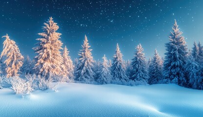Fototapeta premium Enchanting Winter Landscape with Snow-Covered Trees Under a Starlit Sky in a Frosty Wonderland