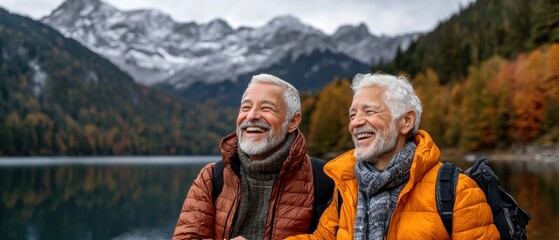 Two elderly men smile joyfully by a tranquil lake, surrounded by majestic mountains and vibrant autumn foliage.