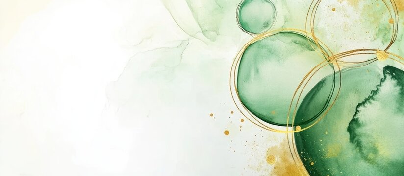 Watercolor green and gold abstract circles with textured backdrop and ample copy space for customizable text or design elements
