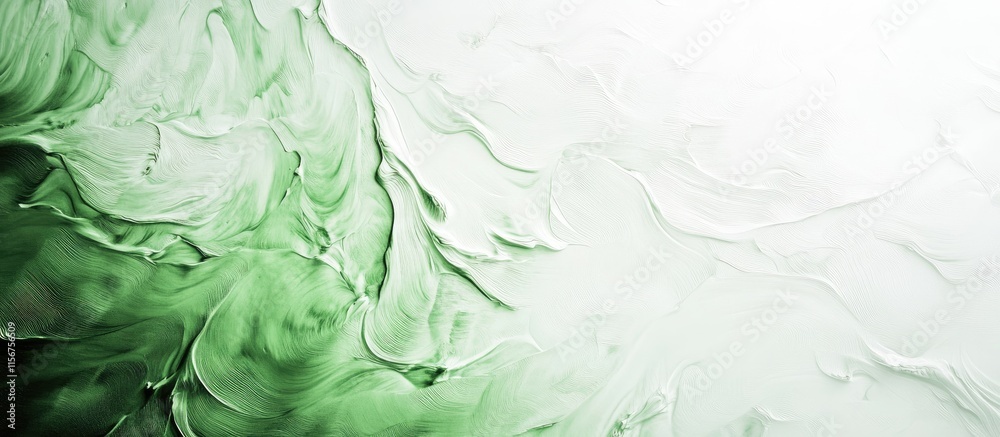 Poster green and white abstract oil texture background with smooth flowing patterns and blank space for tex