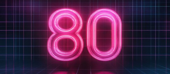 Neon pink and black glowing number 80 on abstract grid background with empty space for promotional text or digital content