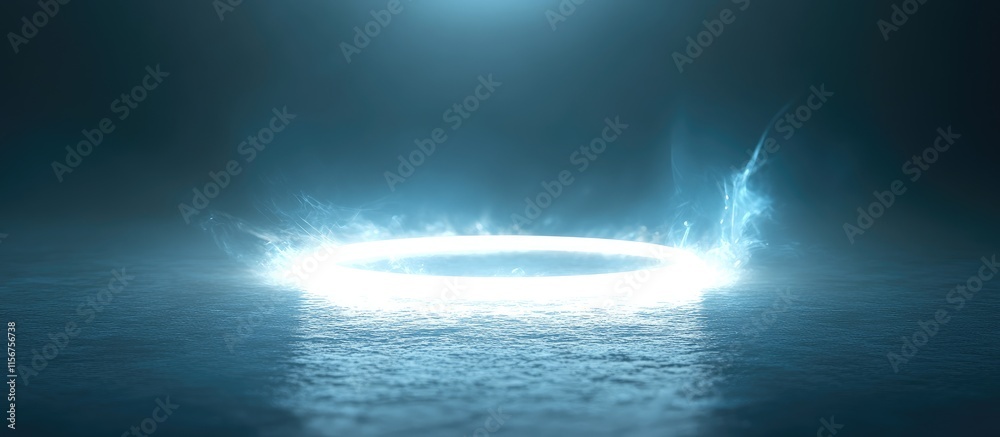 Poster glowing light halo effect over water surface with soft bokeh background creating empty space for tex