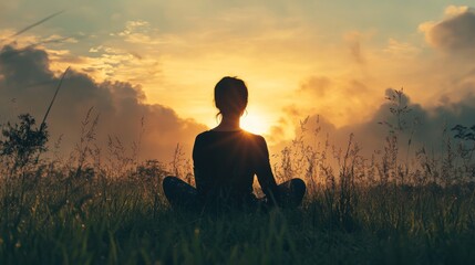 Silhouette of a Woman Meditating at Sunset in a Field