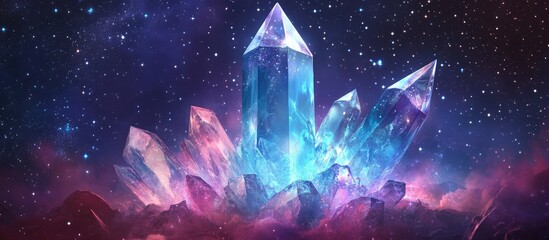Glowing alien crystals in a cosmic space filled with stars and vibrant colors with empty area for customizable text or message