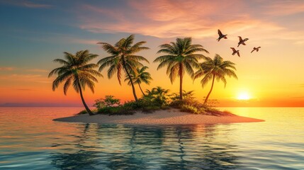 Tropical island paradise at sunset with palm trees and birds flying.