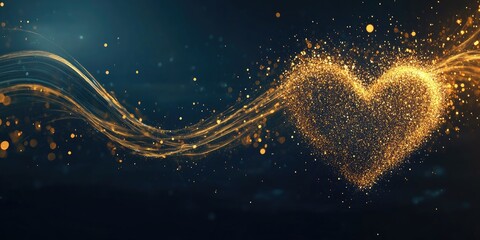 Glowing golden heart made of sparkling particles on a dark background perfect for wallpaper or stock imagery with space for text.