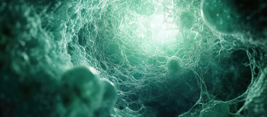 Obraz premium Endocycles abstract cellular background with illuminated chamber and space for text showcasing biological structures and patterns