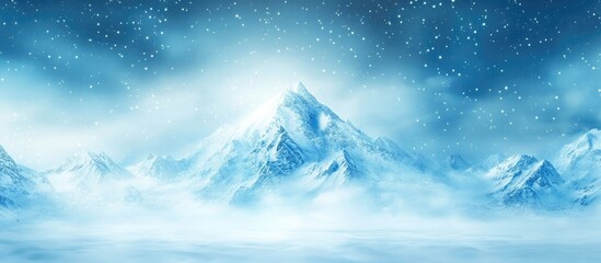 Snowy mountain peak in winter landscape enveloped in mist and shimmering snowflakes ideal for dreamy backgrounds or text overlay designs