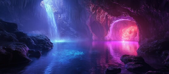 Fototapeta premium Mystical Cavern with Vibrant Luminous Pools and Waterfalls Perfect for Text Overlay and Creative Projects