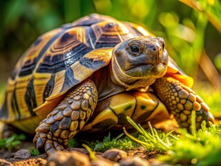 Naklejka premium Testudo graeca Action Shot: Close-up of Greek Tortoise in Natural Habitat - Wildlife Photography