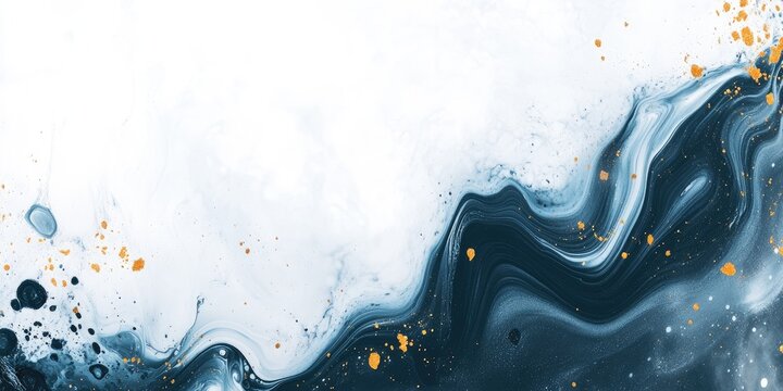 Fluid acrylic pouring abstract art in blue gold and white with a marble effect and negative space for creative design projects.
