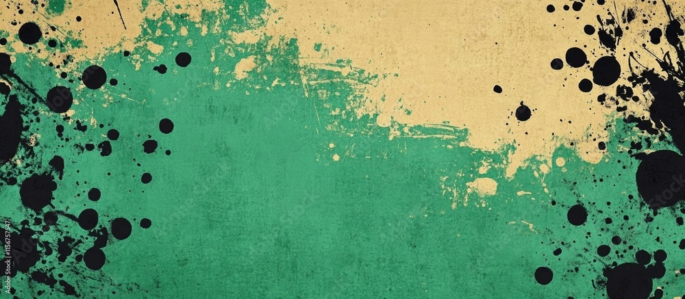 Poster textured abstract background featuring vibrant green and black paint splatters on beige canvas with 