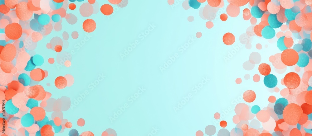 Poster aqua and salmon confetti background with soft glowing circles and empty center for customizable text