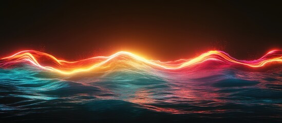 Neon illuminated river waves creating a dark atmosphere with vibrant colors and ample space for text insertion