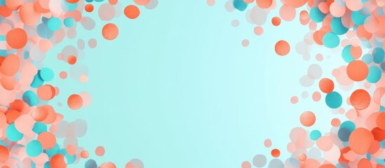 Aqua and salmon confetti background with soft glowing circles and empty center for customizable text or graphics