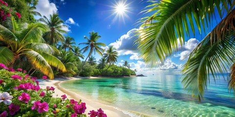 Fototapeta premium Tropical Paradise: Worm's Eye View of Pristine Beach & Turquoise Sea - Vacation Getaway