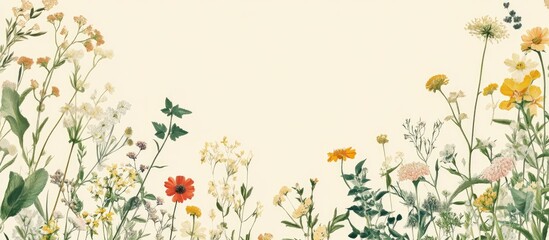 Floral design featuring blank beige and yellow frames adorned with wildflowers and herbs ideal for nature themes and garden graphics