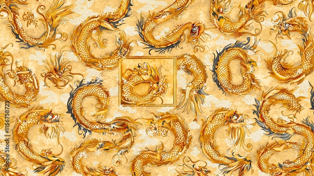 Poster elegant digital pattern featuring a repeating design of golden dragons in a traditional chinese new 