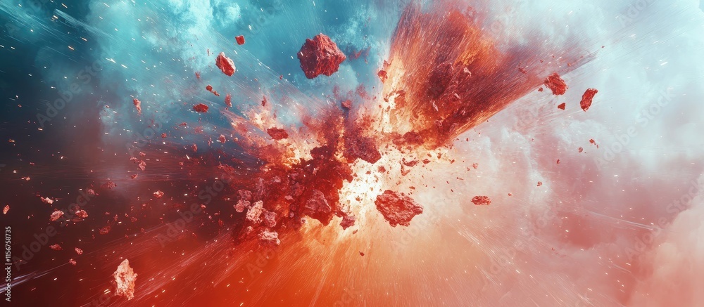 Poster dynamic explosion background with colorful fragments and customizable text space for creative design