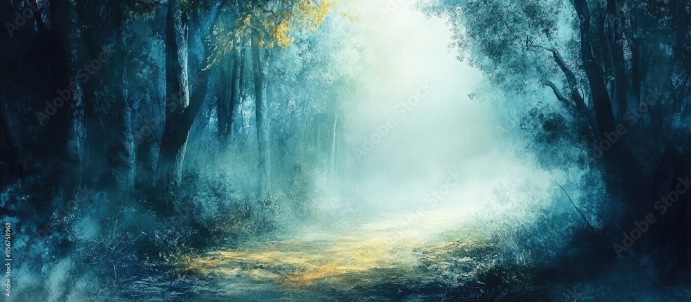 Poster mysterious forest trail illuminated by sunlight and mist with empty space for creative text and desi