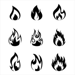 Set of fire icons. Flame design of different shapes. Simple vector flame icons in flat style.