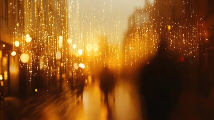 Fototapeta premium Blurred city street at sunset with golden lights and pedestrians.