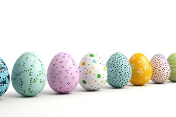 Obraz premium A vibrant and colorful assortment of beautifully decorated Easter eggs arranged thoughtfully in a neat row, celebrating the joy and festive spirit that characterize the cherished Easter holiday