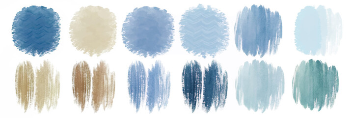 Soft watercolor swatches, calming blue tones, textured brush strokes, artistic background elements, versatile design use.