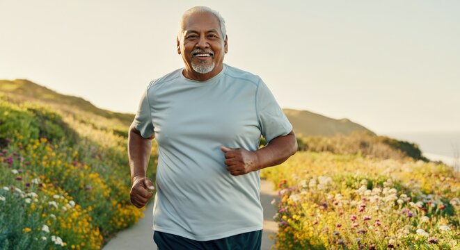 Mature hispanic man jogging on scenic coastal path surrounded by blooming wildflowers for health and wellness