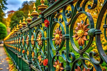 Vienna Park Fence Close-Up: Ornate Ironwork, Floral Decoration, Austrian Architecture,  Beautiful Cityscape Details