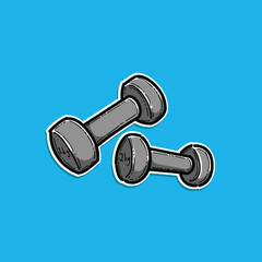Cartoon illustration of a pair of gray dumbbells on a solid blue background, perfect for representing fitness, strength training, and gym related themes.