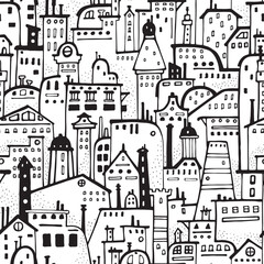 Seamless pattern of houses. Black and white hand drawn vector.