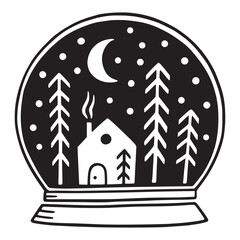 Snow globe. Hand drawn vector. Black and white illustration.