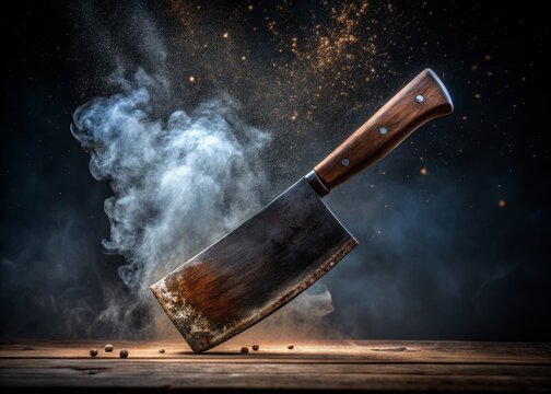Vintage Butcher Cleaver Action Shot: Blackboard Background, Sharp Steel, Rusty Metal, Dark Kitchen
