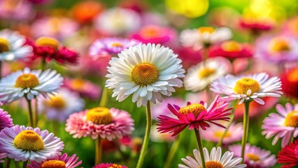 Fototapeta premium Vivid Colored Daisies Background - Blooming Meadow Close Up Photography