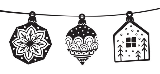 Christmas balls. Hand drawn vector. Black and white illustration.