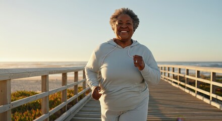 Mature african female jogging on beach boardwalk at sunrise for fitness and wellbeing